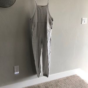 White and blue striped pants romper